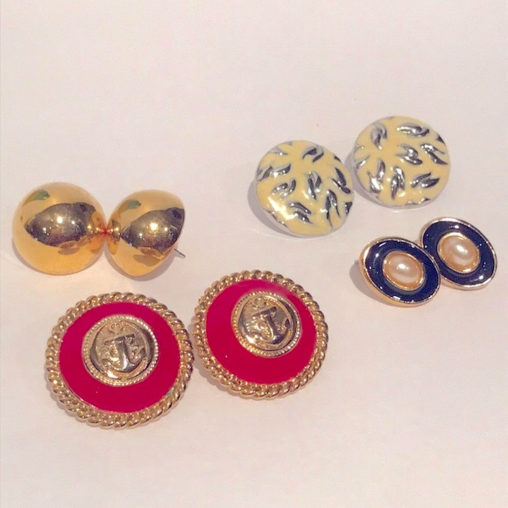 Vintage 80s Richelieu earrings lot enamel faux pearl nautical patriotic